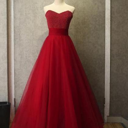 Red Tulle And Beaded Long Prom Gown, Handmade..