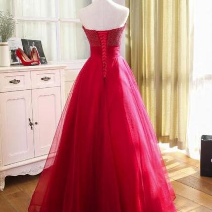 Red Tulle And Beaded Long Prom Gown, Handmade..