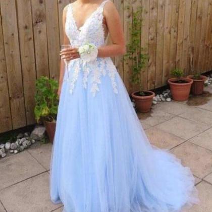 Light Blue Tulle And Applique Backless Party..