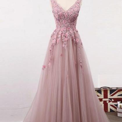 Dark Pink V-neckline Tulle Applique Party Dress..