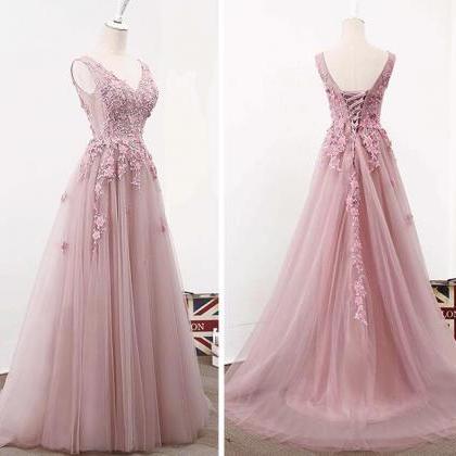 Dark Pink V-neckline Tulle Applique Party Dress..