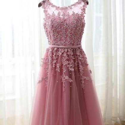 Dark Pink Tea Length Wedding Party Dress, Tulle..