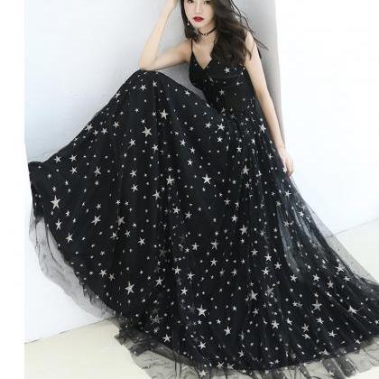 Black Tull Straps Stars Long Elegant Party Dress,..