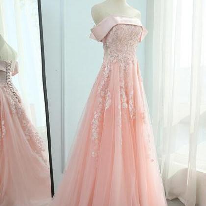 Pink Off Shoulder Satin And Tulle Floor Length..