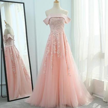 Pink Off Shoulder Satin And Tulle Floor Length..