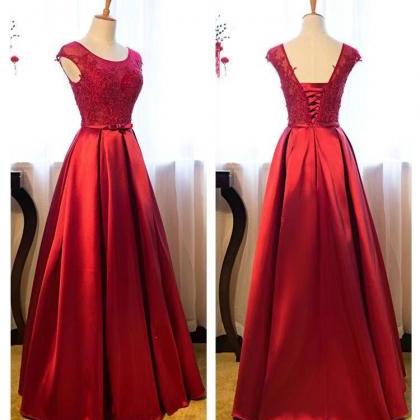 Red Satin And Lace Long Formal Gown, Elegant Red..