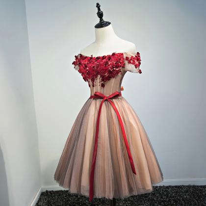 Beautiful Off Shoulder Tulle With Flowers Knee..