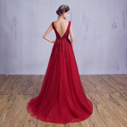 Beautiful Wine Red Prom Gown 2019, V Backless Long..