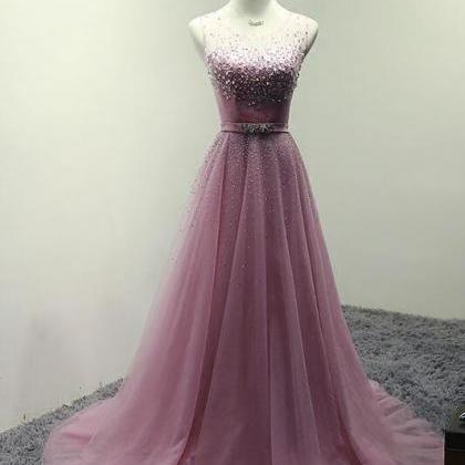 Pink Sweet Beaded Tulle Long Formal Dress 2019,..