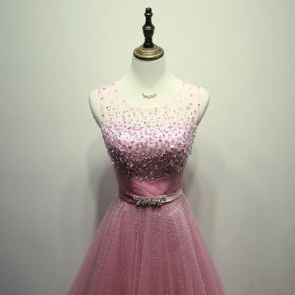 Pink Sweet Beaded Tulle Long Formal Dress 2019,..