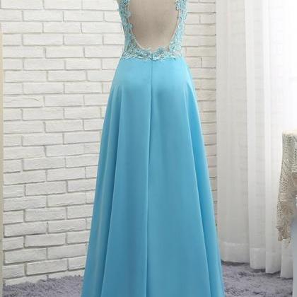 Blue Halter Lace Applique Charming Evening Dress,..