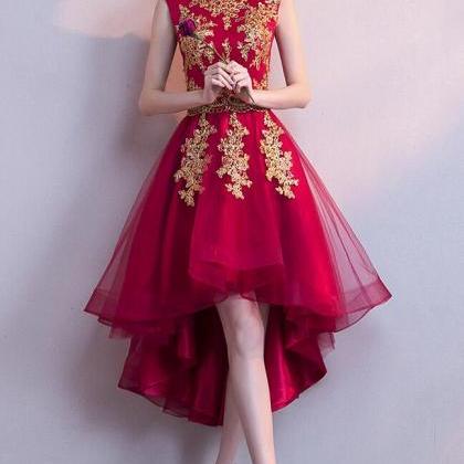 Wine Red High Low Tulle Formal Dress With Gold..