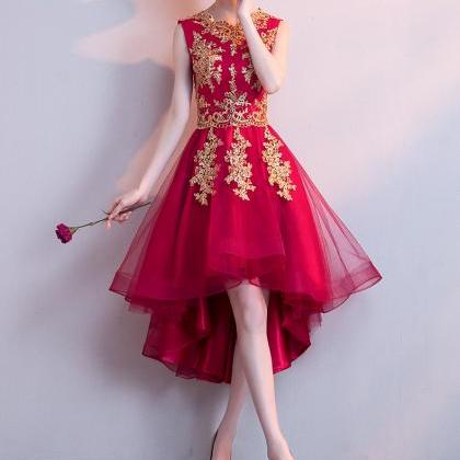 Wine Red High Low Tulle Formal Dress With Gold..