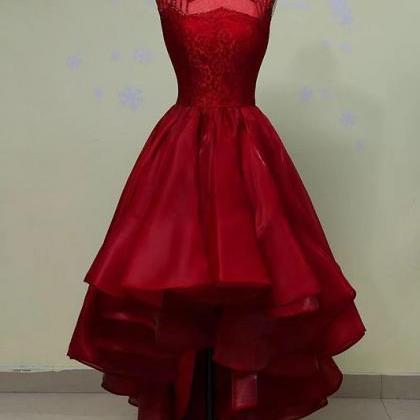 Wine Red Organza Lace And Beaded High Low Evening..