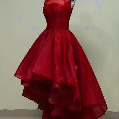 Wine Red Organza Lace And Beaded High Low Evening..