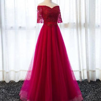 Dark Red Short Sleeves Tulle And Lace Applique..