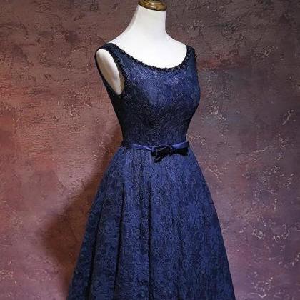 Navy Blue Lace Knee Length Bridesmaid Dress, Blue..