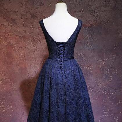 Navy Blue Lace Knee Length Bridesmaid Dress, Blue..
