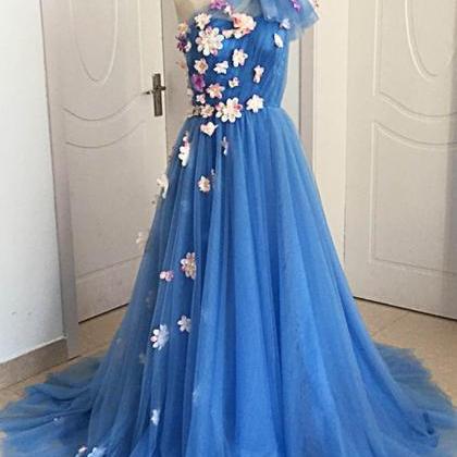Blue Tulle With Flowers One Shoulder Long Formal..