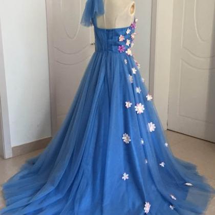 Blue Tulle With Flowers One Shoulder Long Formal..