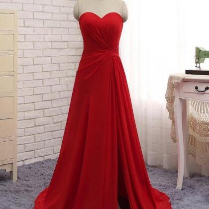 Red Sweetheart Chiffon Slit Long Formal Gown, Red..