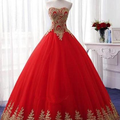 Red Sweetheart Formal Gown With Gold Applique,..