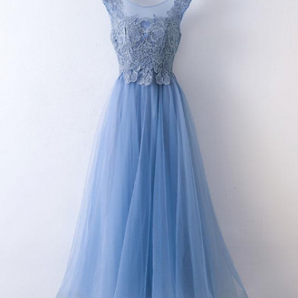 Blue Lace Applique And Tulle A-line Long Prom..