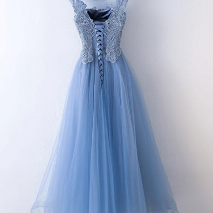 Blue Lace Applique And Tulle A-line Long Prom..