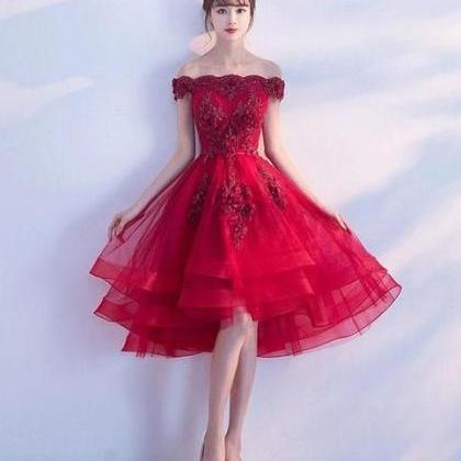 Wine Red High Low Tulle With Lace Homecoming..