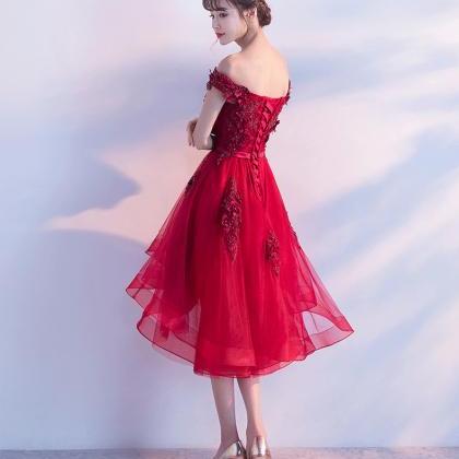 Wine Red High Low Tulle With Lace Homecoming..