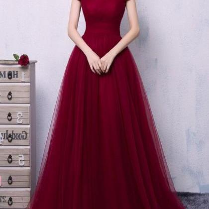 Wine Red Tulle Off Shoulder Long Formal Gown,..