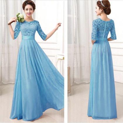 Blue Lace And Chiffon Bridesmaid Dress, Charming..
