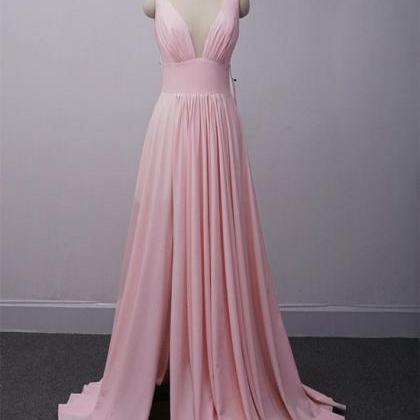 Pink V-neckline Slit Bridesmaid Dress, Long..