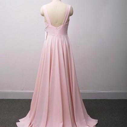 Pink V-neckline Slit Bridesmaid Dress, Long..