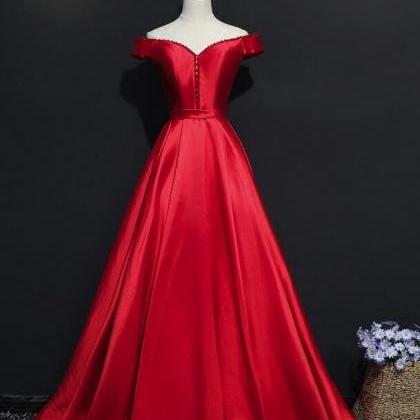 Red Satin Style Off Shoulder With Beaded Long..