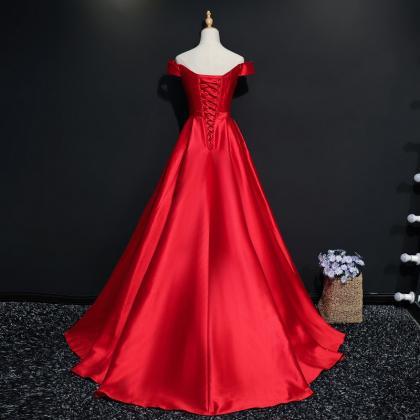 Red Satin Style Off Shoulder With Beaded Long..