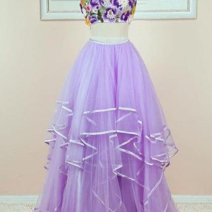 Floral And Tulle Two Piece Lavender Prom Dress..