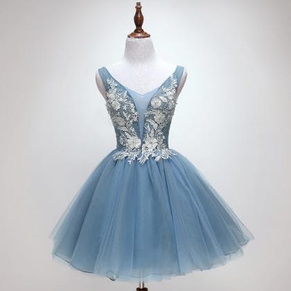 Blue Short Applique Tulle Homecoming Dresses,..