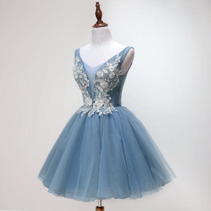 Blue Short Applique Tulle Homecoming Dresses,..