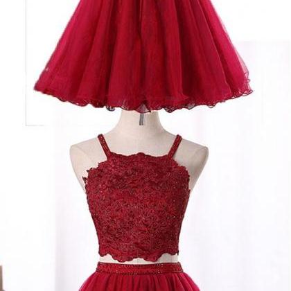 Wine Red Two Piece Tulle And Lace Homecoming..
