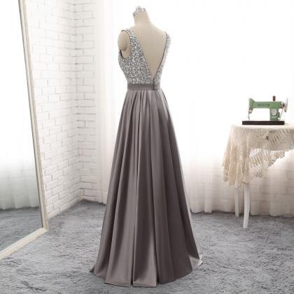 Beautiful Grey Satin And Beaded Long Prom Dress..