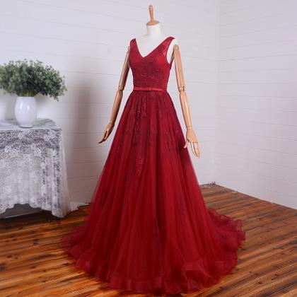 Wine Red Handmade Long Junior Prom Dress With Lace..