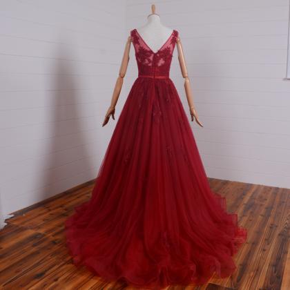 Wine Red Handmade Long Junior Prom Dress With Lace..