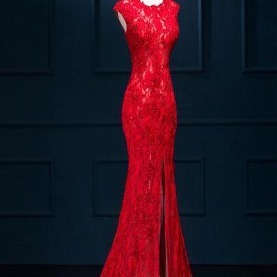Red Lace Mermaid Long Evening Party Dress 2019,..