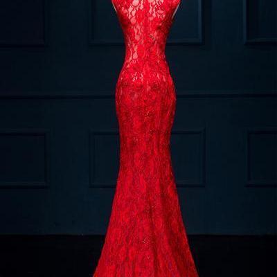 Red Lace Mermaid Long Evening Party Dress 2019,..