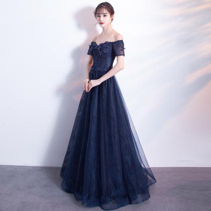 Navy Blue Off Shoulder Lace And Tulle Floor Length..