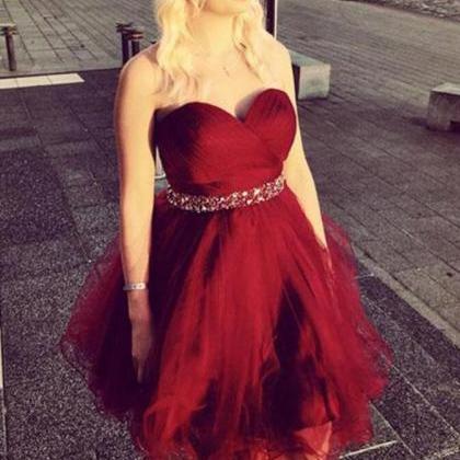 Wine Red Tulle Sweetheart Short Prom Dress 2019,..