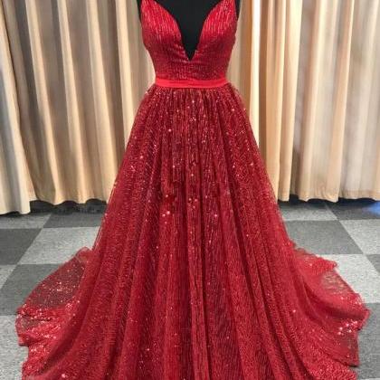 Red Sequins V-neckline Sparkle Prom Dress 2019,..