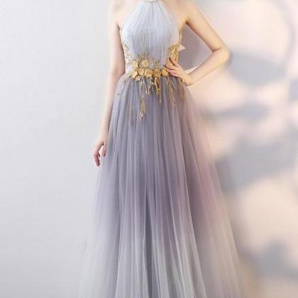 Halter Grey Gradient Long Tulle Party Dress,..