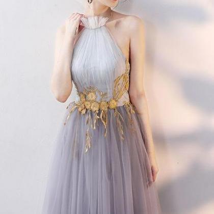 Halter Grey Gradient Long Tulle Party Dress,..